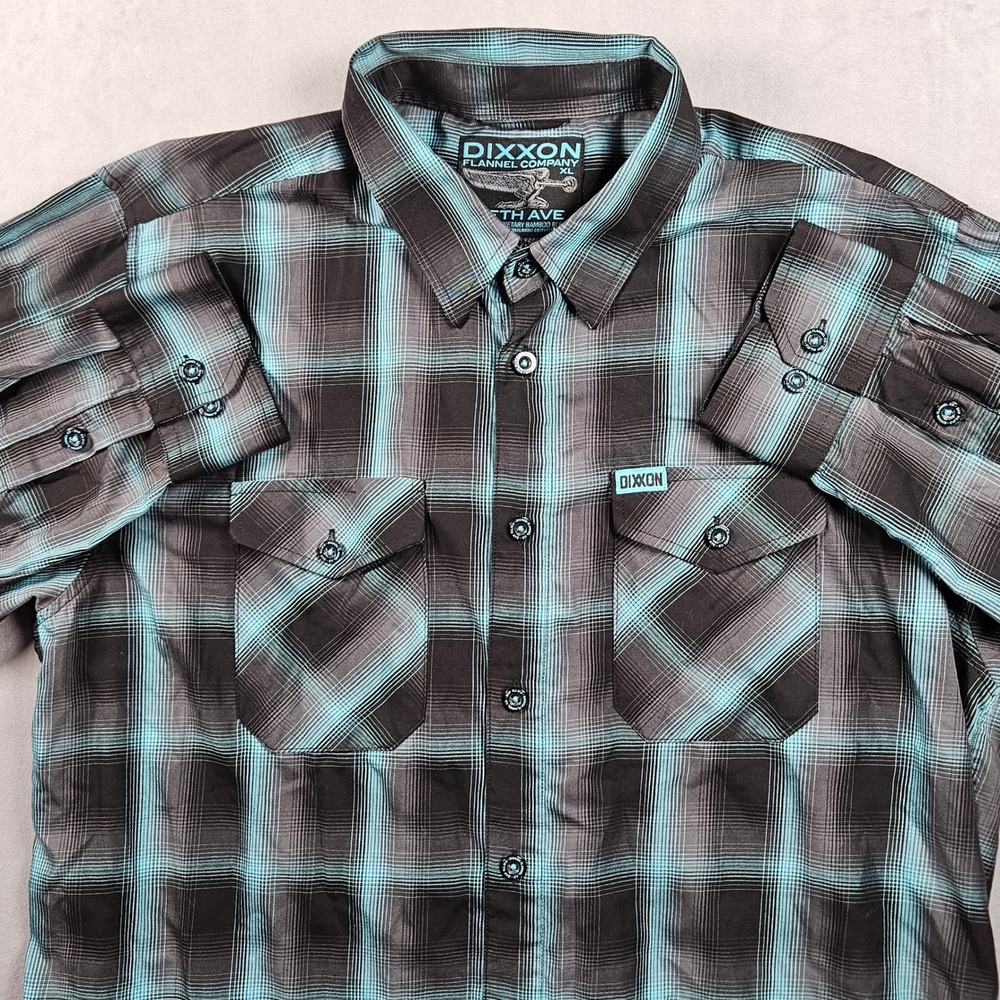 Dixxon Flannel Co Button Down Shirt Mens XL Blue Black Plaid Fifth Ave Bamboo